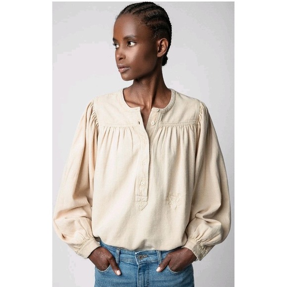 Zadig & Volatiare Tigy Cotton Twill Blouse Top Embroidered Long Sleeve NWOT‎ Med - Picture 1 of 16